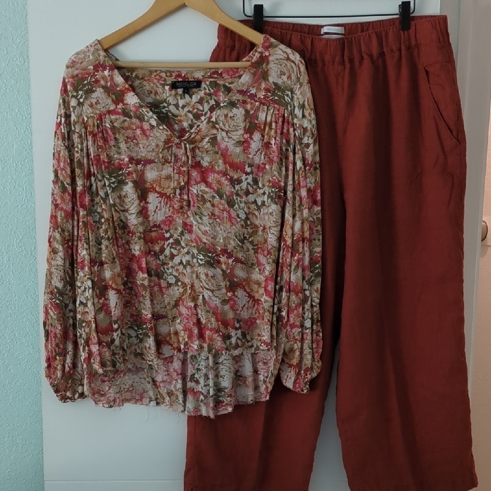 Boho Coastal Chic 2Pieces Outfit Floral Blouse& Rust Linen Relaxed Pants XL